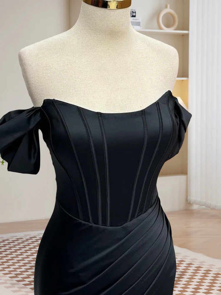 Buyishang Black Off Shoulder Satin Mermaid Long Prom Dress Black Long Evening Dress