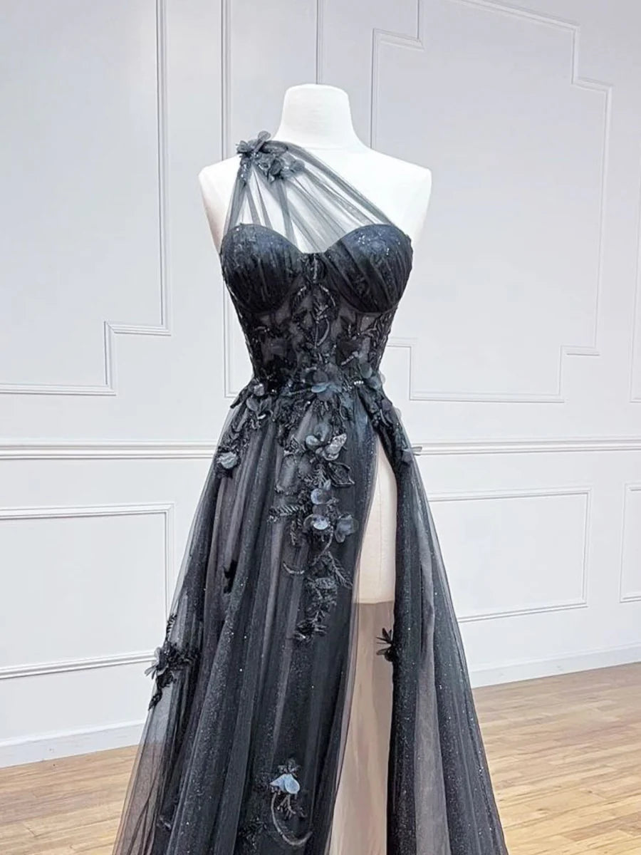 Buyishang A-Line One Shoulder Tulle Black Long Prom Dress Black Formal Evening Dress