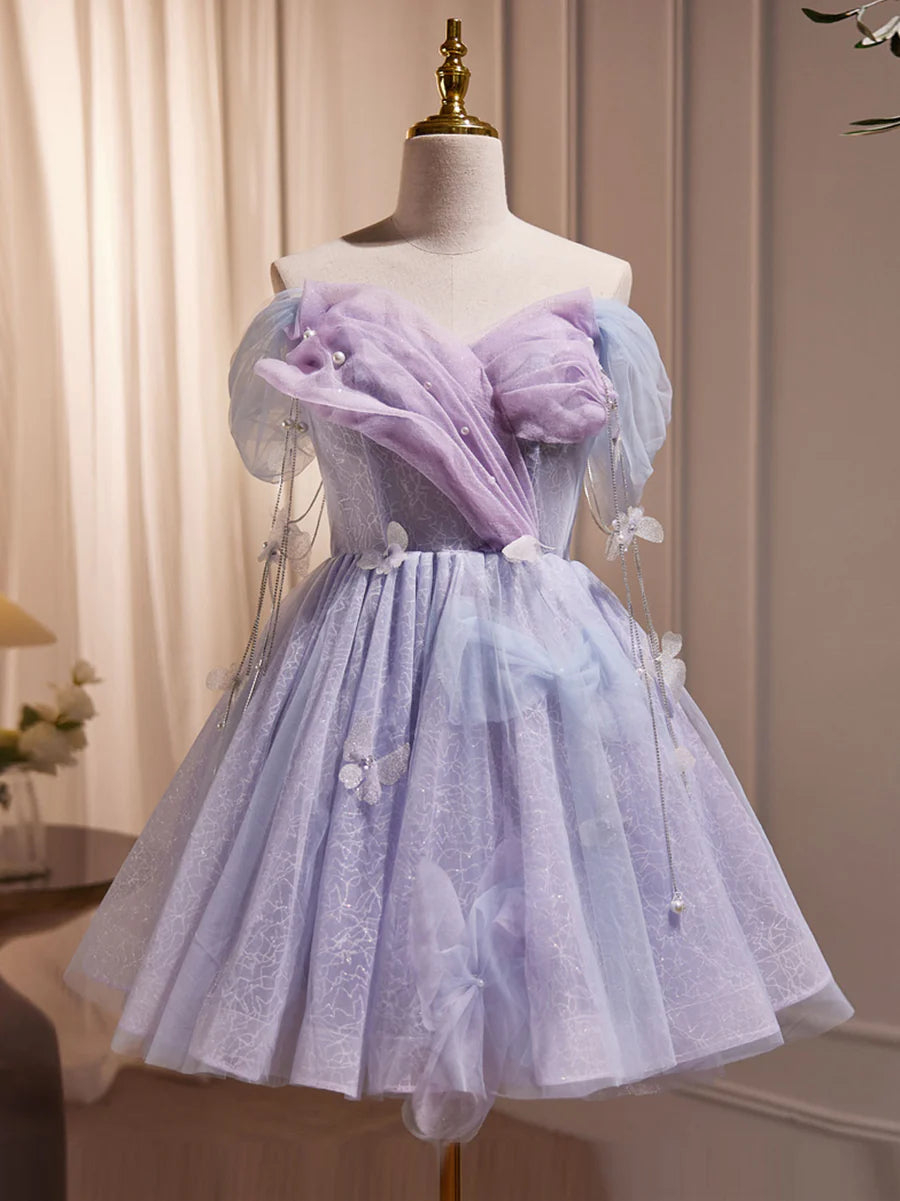 Buyishang Purple Off Shoulder Tulle Short Prom Dress Purple Homecoming Dress
