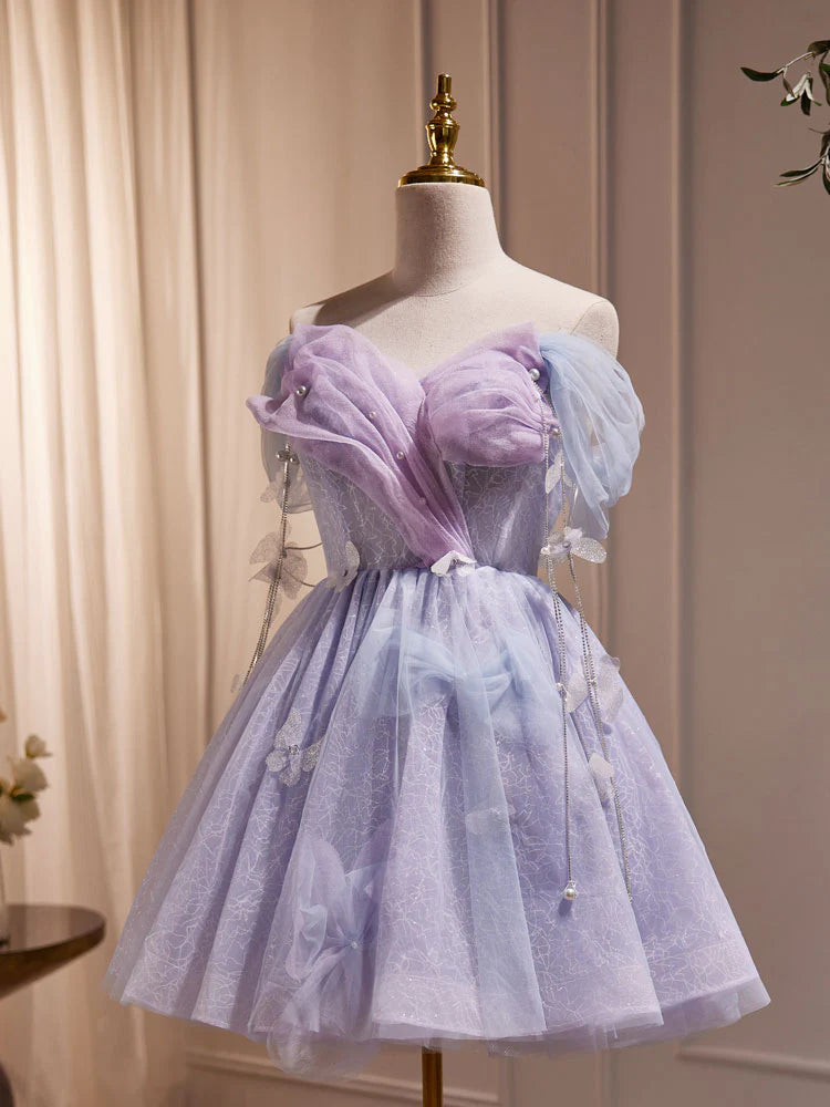 Buyishang Purple Off Shoulder Tulle Short Prom Dress Purple Homecoming Dress