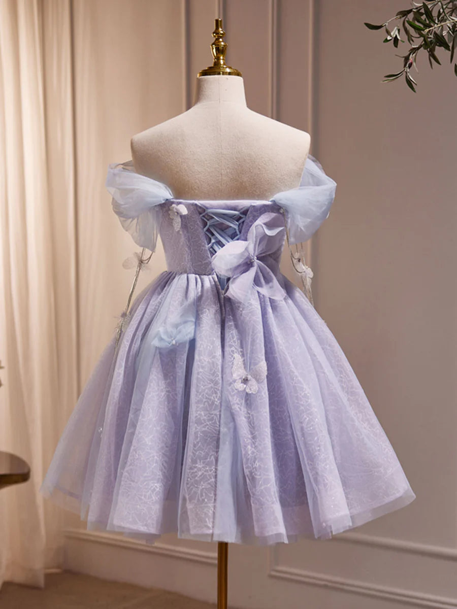 Buyishang Purple Off Shoulder Tulle Short Prom Dress Purple Homecoming Dress