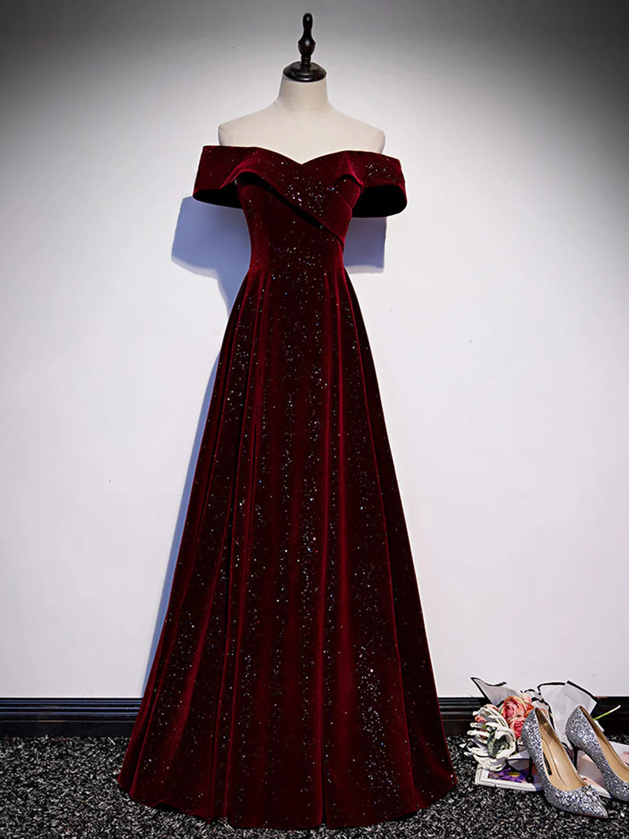 Buyishang A-Line Off Shoulder Velvet Burgundy Long Prom Dress Burgundy Long Formal Dress