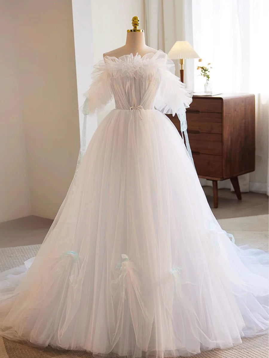Buyishang White A-Line Tulle Long Prom Dress White Formal Dress