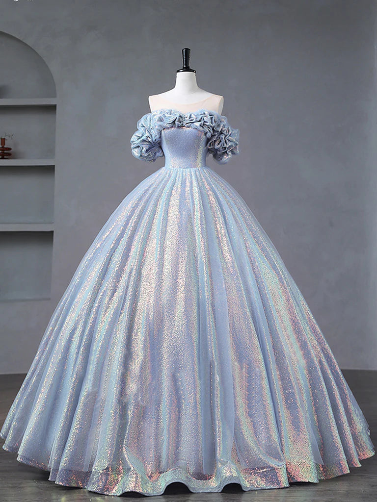 Buyishang A-Line Off Shoulder Tulle Sequin Blue Purple Long Prom Dress Sequin Formal Dress
