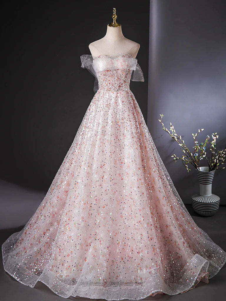 Buyishang A-Line Tulle Lace Sequin Pink Long Prom Dress Pink Long Evening Dress