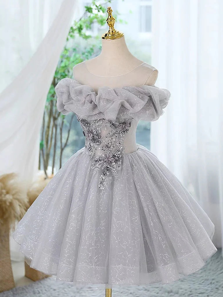 Buyishang A-Line Scoop Neckline Off Shoulder Tulle Gray Short Prom Dress with Lace Beads