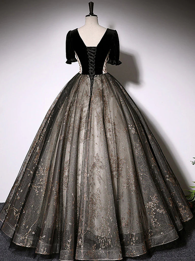 Buyishang Black A-Line Tulle Lace Long Prom Dress Black Lace Formal Dress