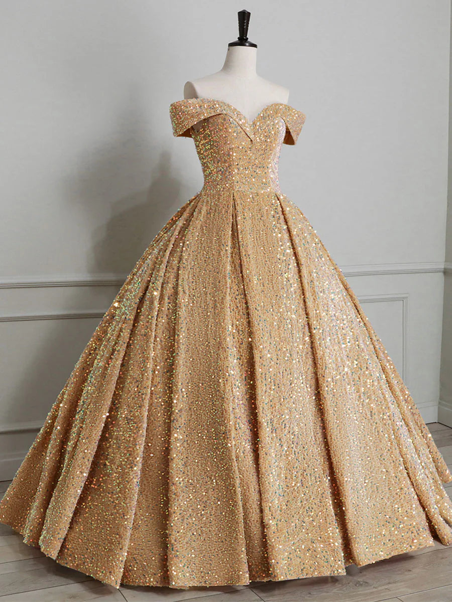 Buyishang Champagne Off Shoulder Sequin Long Prom Dress Champagne Formal Dress