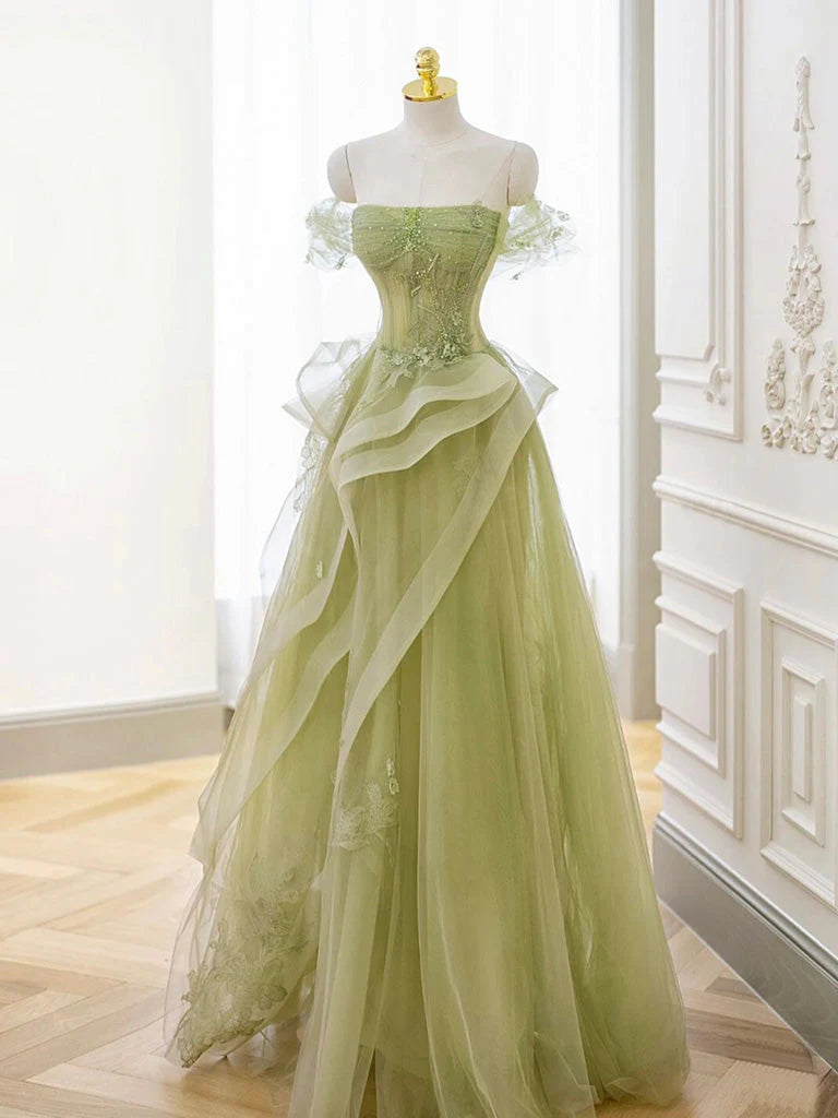 Buyishang A-Line Off Shoulder Tulle Lace Green Long Prom Dress Green Lace Long Formal Dress