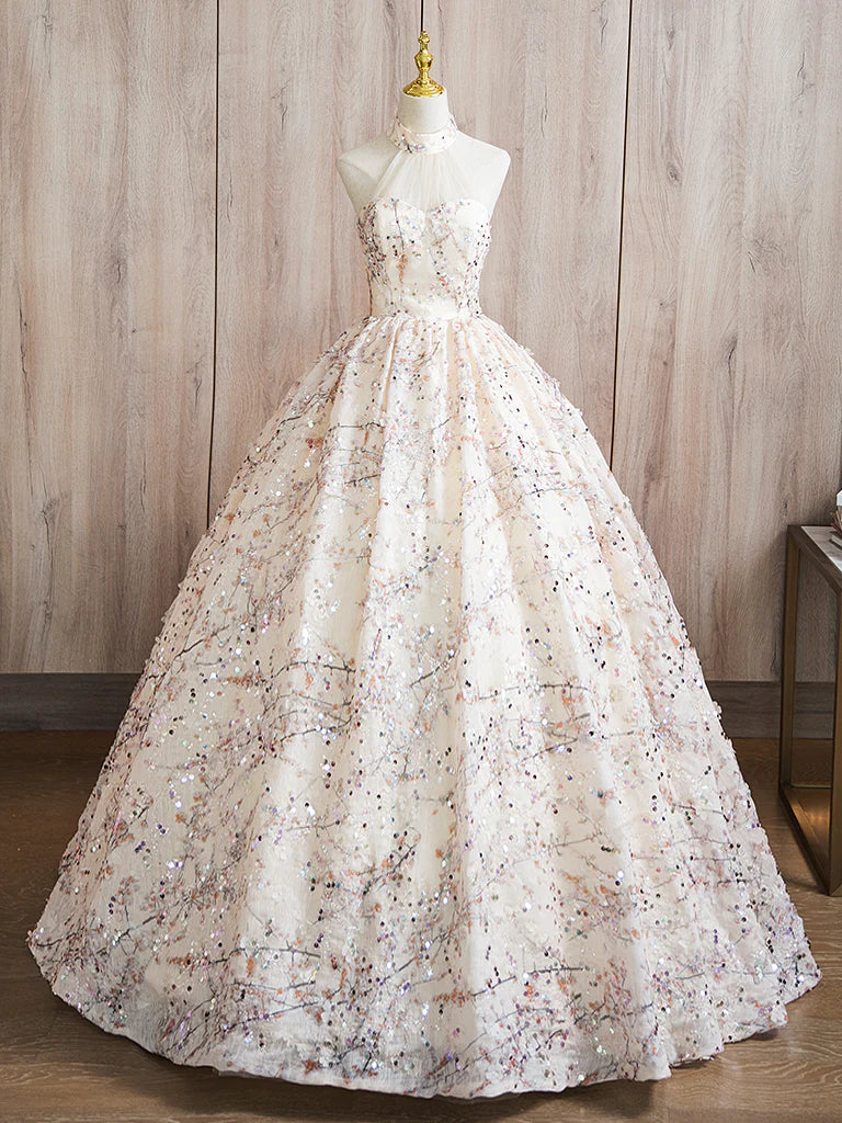 Buyishang A-Line High Neck Lace Champagne Long Prom Dress Champagne Long Formal Dress