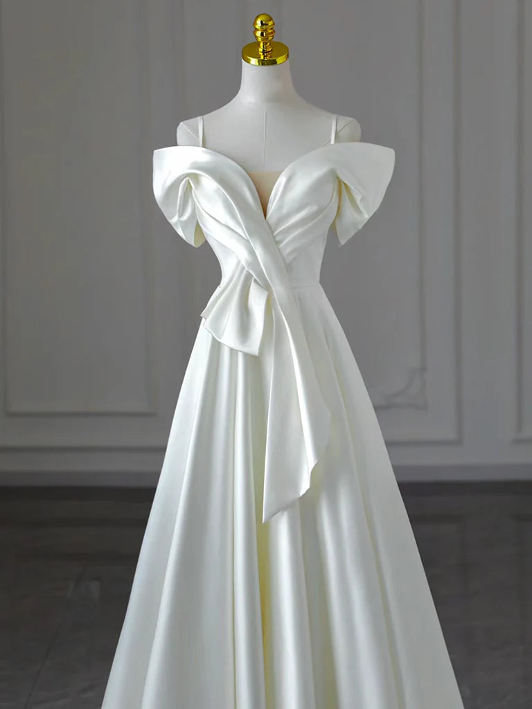 Buyishang A-Line Off Shoulder Satin White Long Prom Dress White Long Formal Dress