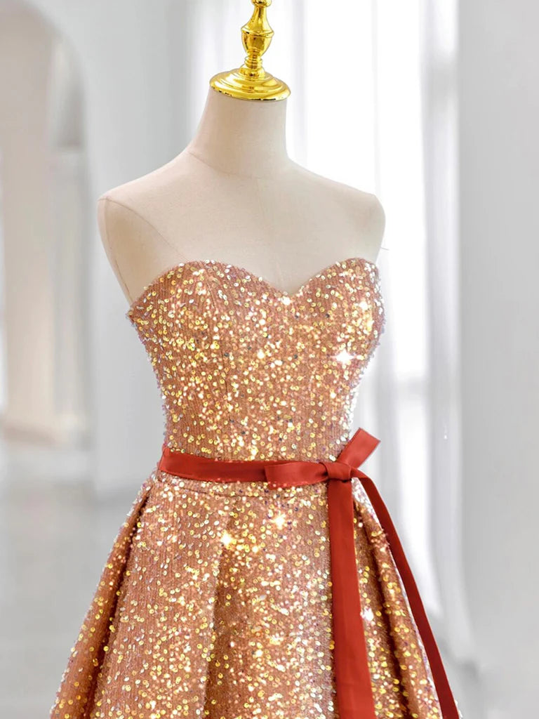 Buyishang A-Line Sweetheart Neck Velvet Sequin Champagne Gold Long Prom Dress