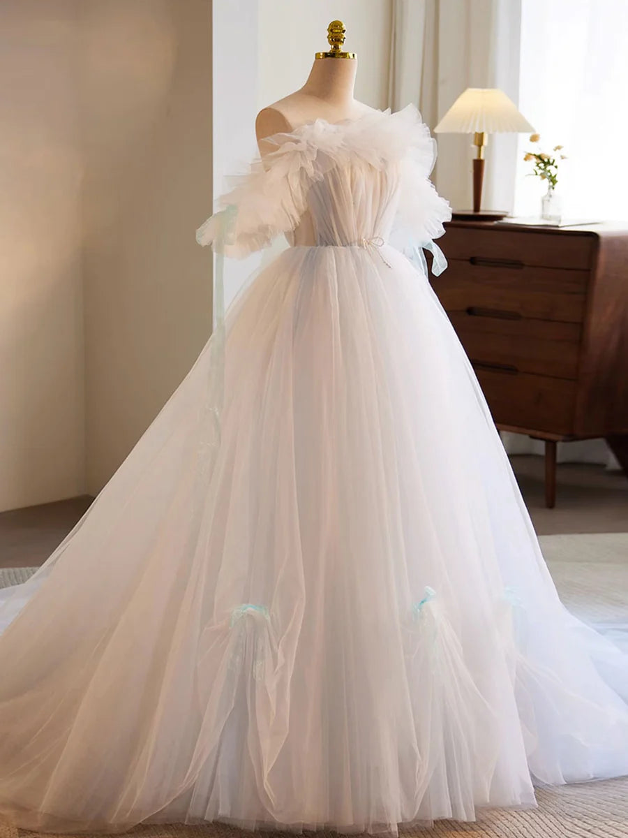 Buyishang White A-Line Tulle Long Prom Dress White Formal Dress