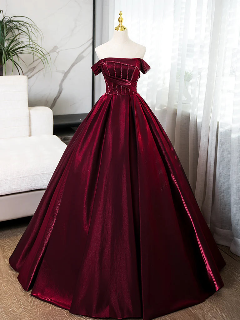 Buyishang A-Line off Shoulder Satin Burgundy Long Prom Dress Burgundy Evening Dress with Beads