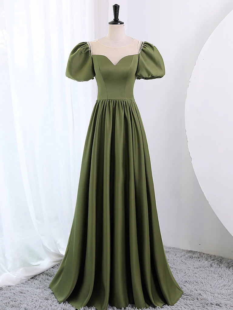 Buyishang A-Line Scoop Neckline Puff Sleeves Satin Long Green Prom Dress Green Formal Dress