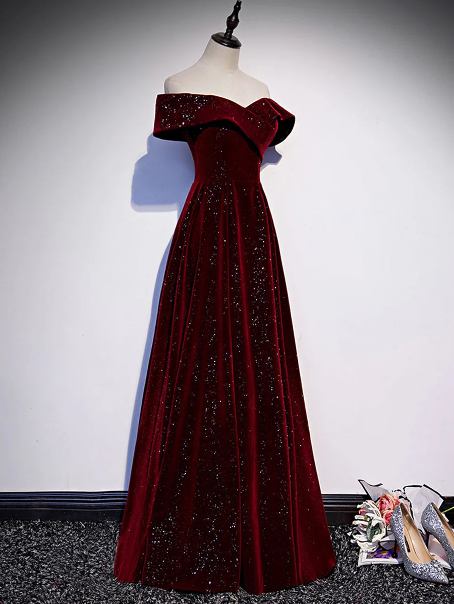 Buyishang A-Line Off Shoulder Velvet Burgundy Long Prom Dress Burgundy Long Formal Dress
