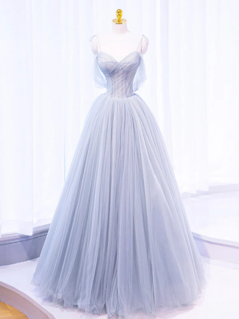 Buyishang A-Line Off Shoulder Tulle Sequin Gray Long Prom Dress Gray Tulle Formal Dress