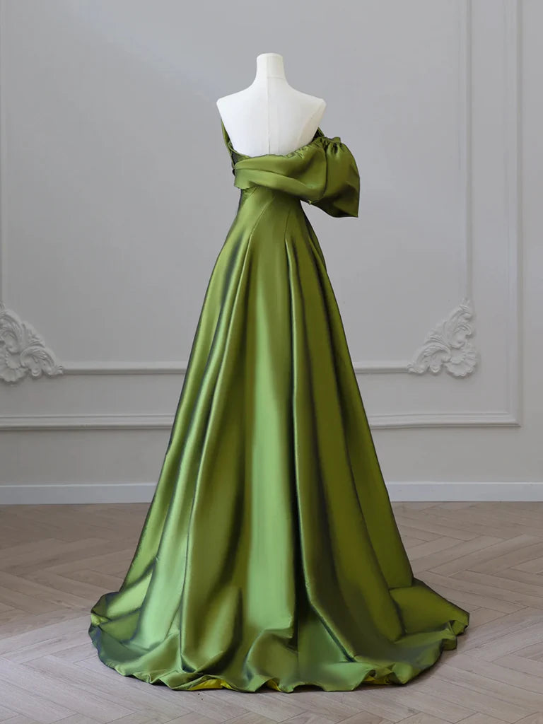 Buyishang A-Line V Neck Satin Green Long Prom Dress Green Long Formal Dress