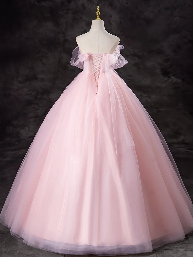 Buyishang A-Line Tulle Pink Long Prom Dress Pink Long Sweet 16 Dress