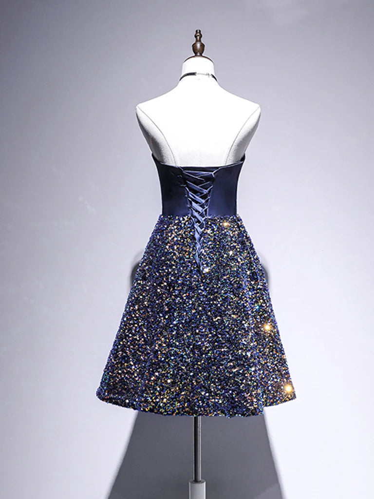 Buyishang Dark Blue A-Line Sequin Lace Short Prom Dress Blue Homecoming Dress