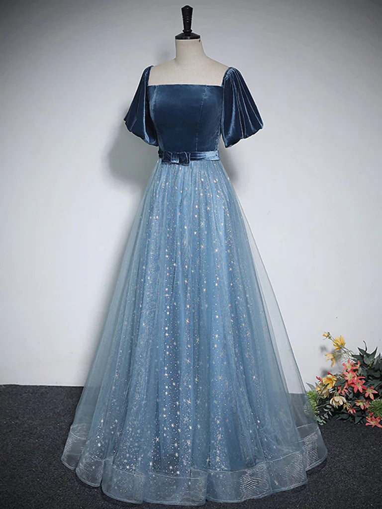 Buyishang A-Line Tulle Velvet Blue Long Prom Dress Blue Tulle Formal Dress