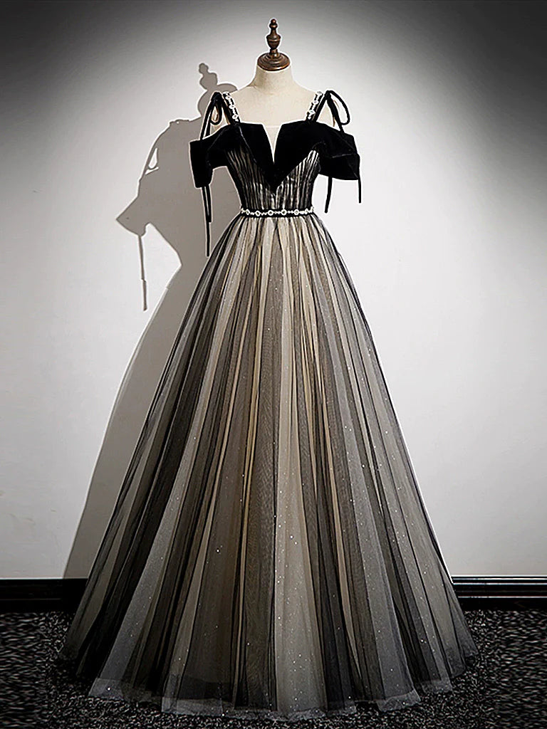 Buyishang A-Line Tulle Black Long Prom Dress Black Long Formal Dress