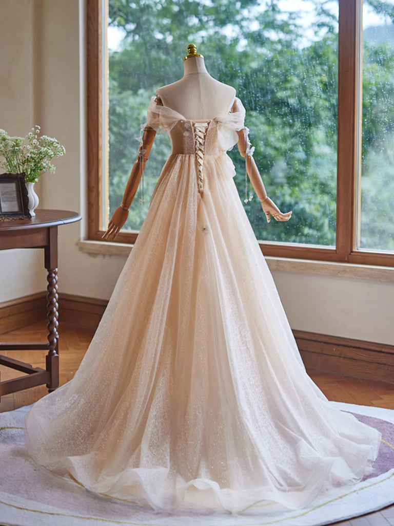 Buyishang A-Line Off Shoulder Tulle Beads Champagne Long Prom Dress