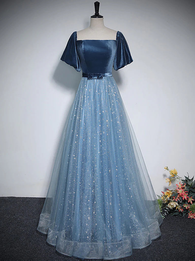 Buyishang A-Line Tulle Velvet Blue Long Prom Dress Blue Tulle Formal Dress