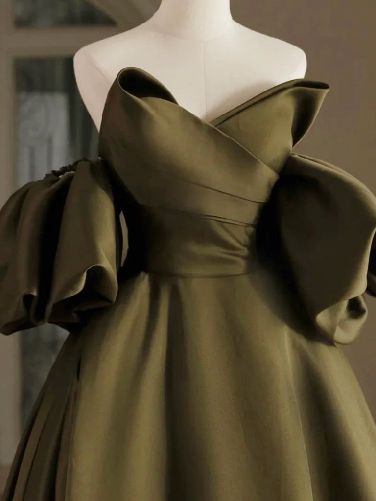 Buyishang A-Line Puff Sleeves Olive Green Satin Short Prom Dress Olive Green Homecoming Dress