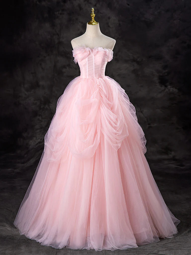 Buyishang A-Line Tulle Pink Long Prom Dress Pink Long Sweet 16 Dress