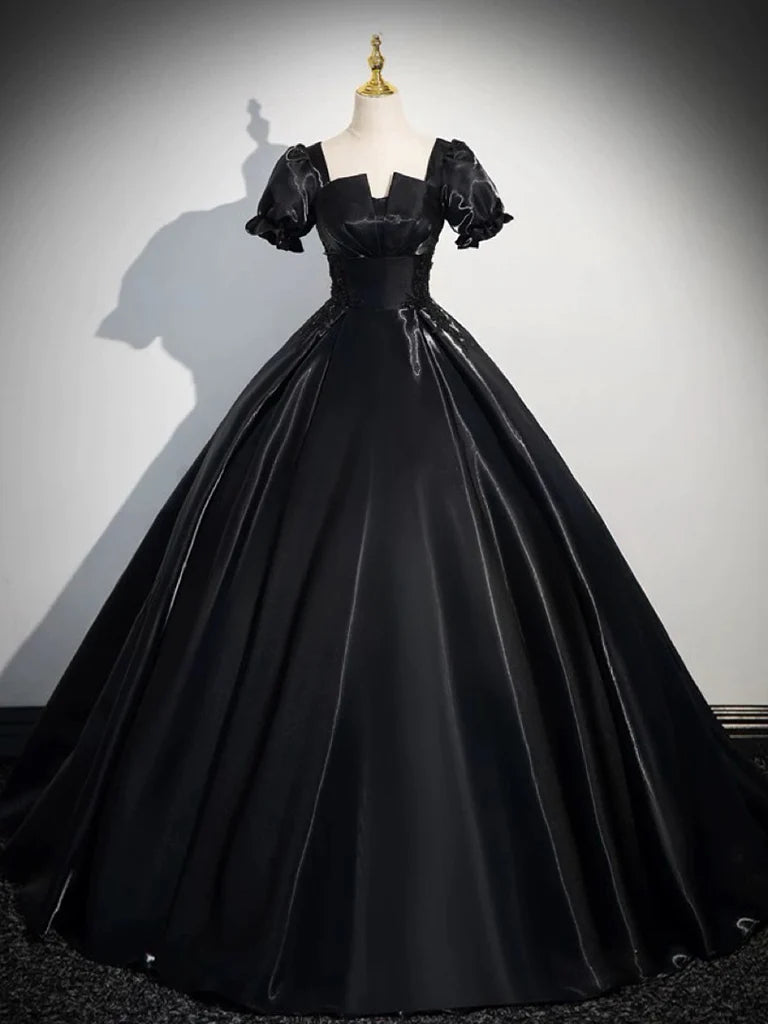 Buyishang A-Line Short Sleeve Black Satin Long Prom Dress Black Long Formal Dress