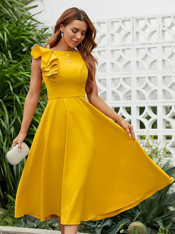 A-Line/Homecoming dresses/Princess Stretch Crepe Ruffles Scoop Sleeveless Tea-Length Dresses