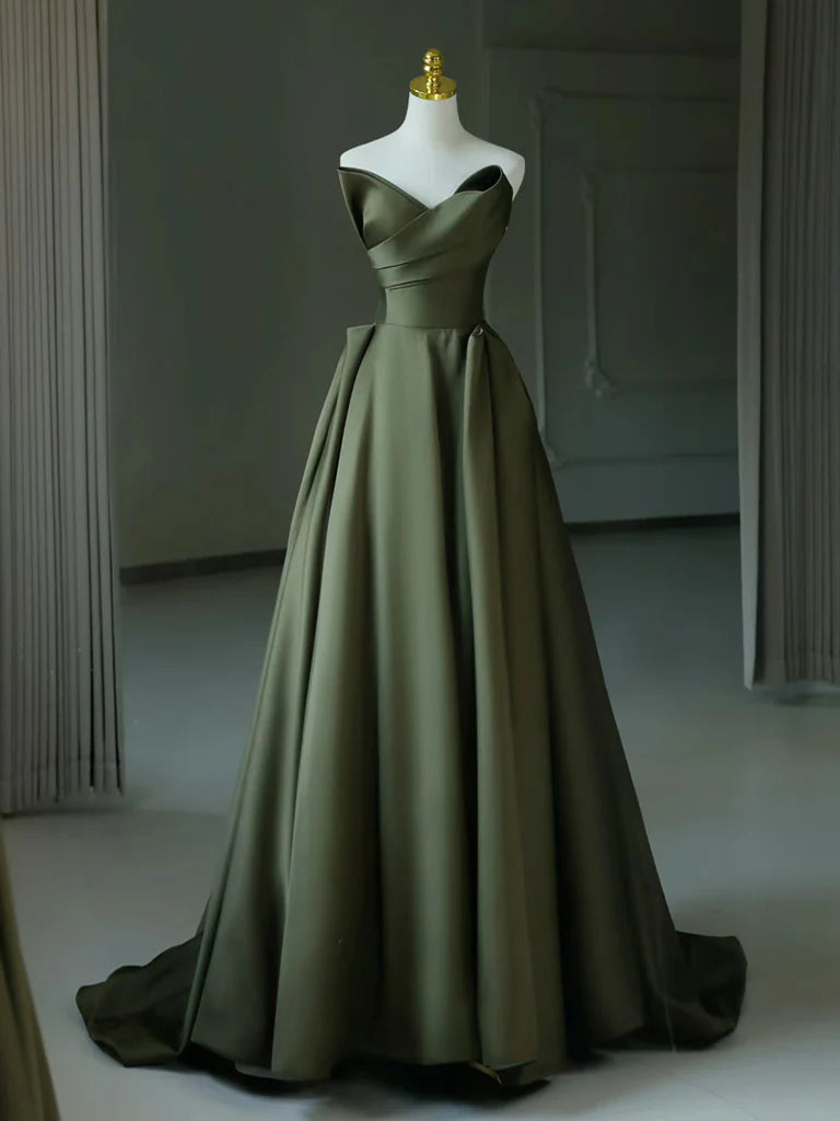 Buyishang A-Line V Neck Satin Green Long Prom Dress Green Long Evening Dress