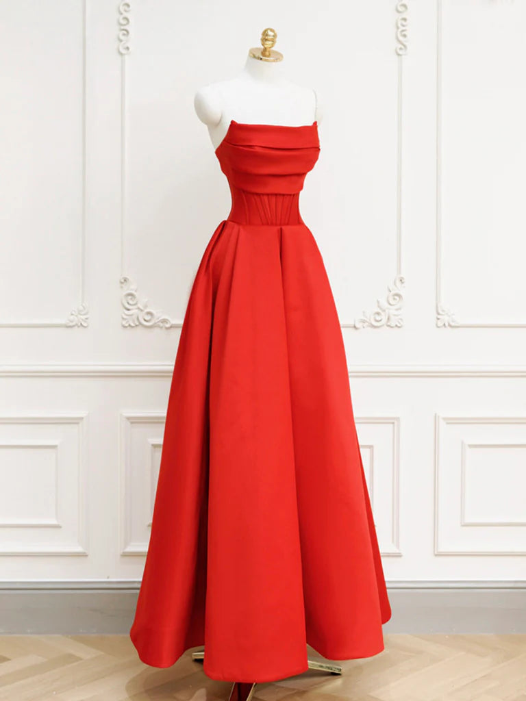 Buyishang Red A-Line Satin Long Prom Dress Red Long Formal Dress
