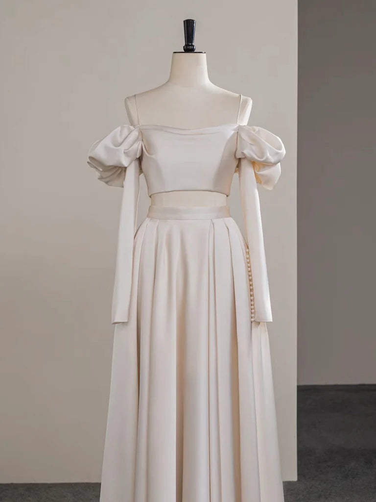 Buyishang A-Line Two Pieces Satin Champagne Long Prom Dress Champagne Formal Dress