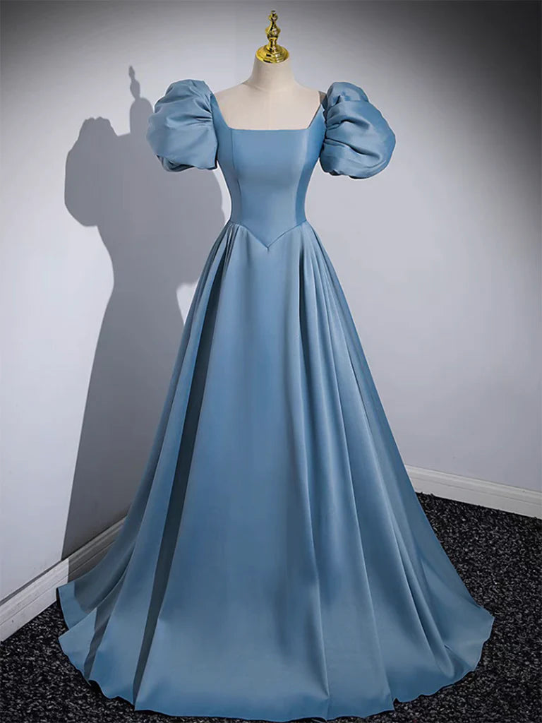 Buyishang A-Line Puff Sleeves Satin Blue Long Prom Dress Blue Long Formal Dress