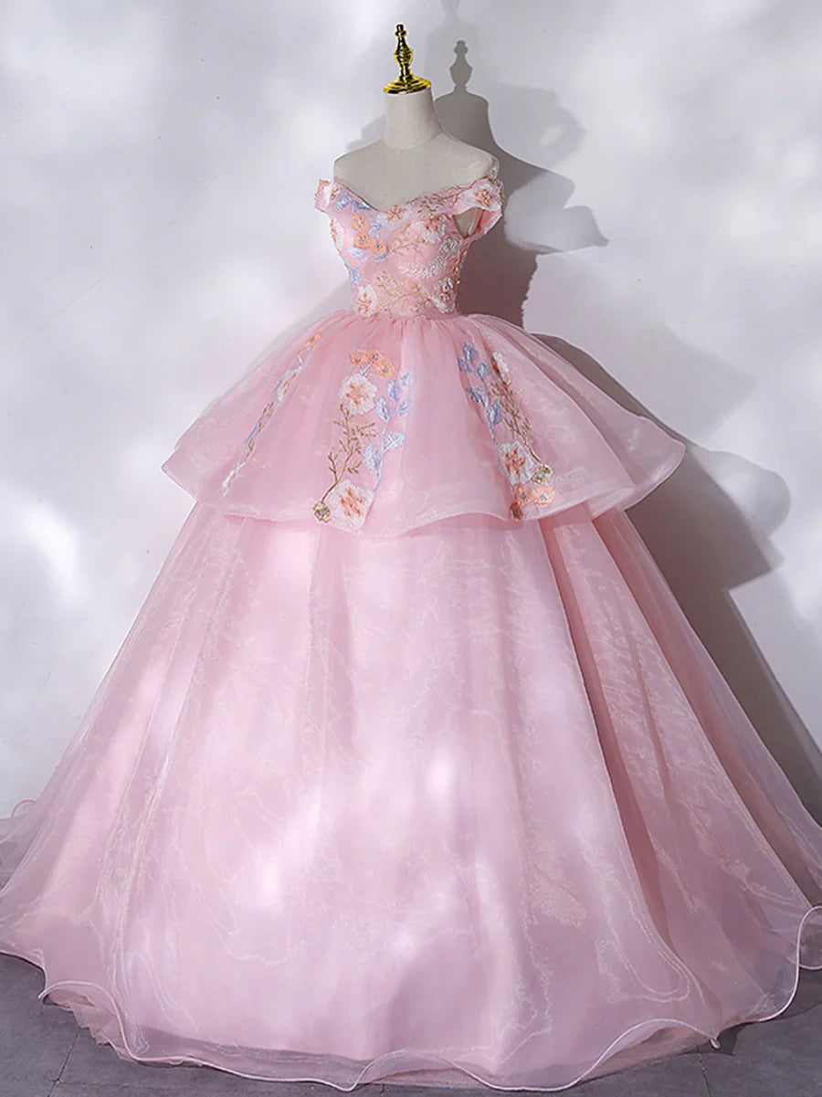 Buyishang A-Line Off Shoulder Organza Lace Pink Long Prom Dress Pink Sweet 16 Dress