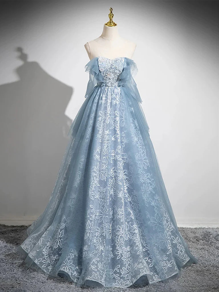 Buyishang A-Line Sweetheart Neck Tulle Lace Gray Blue Long Prom Dress Gray Blue Evening Dress
