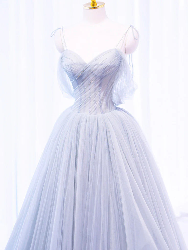 Buyishang A-Line Off Shoulder Tulle Sequin Gray Long Prom Dress Gray Tulle Formal Dress