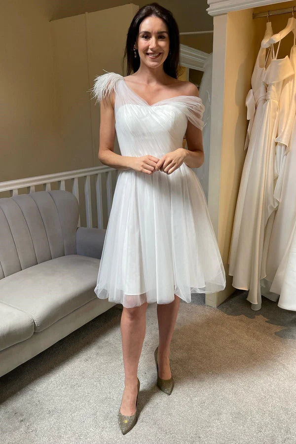 Buyishang Asymmetrical Tulle A-Line Knee-Length Wedding Dress