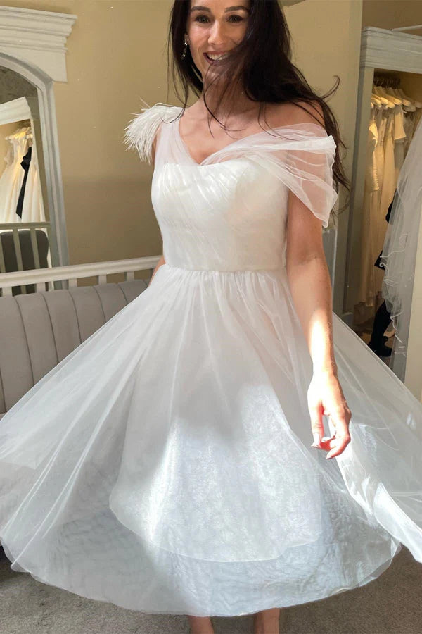 Buyishang Asymmetrical Tulle A-Line Knee-Length Wedding Dress