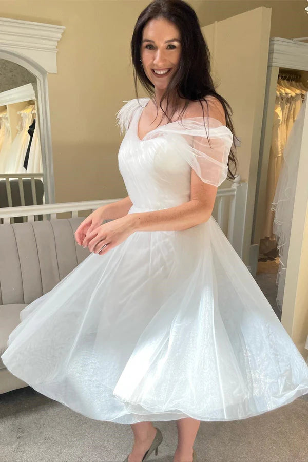 Buyishang Asymmetrical Tulle A-Line Knee-Length Wedding Dress