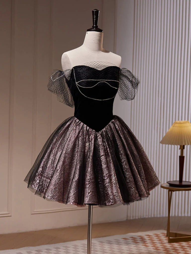 Buyishang Black Off Shoulder Tulle Short Prom Dress Black Homecoming Dress