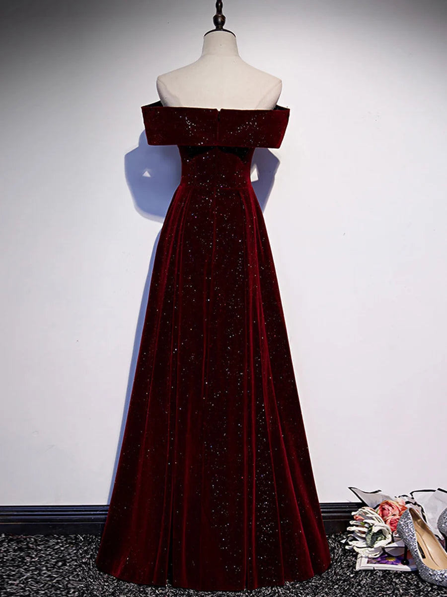 Buyishang A-Line Off Shoulder Velvet Burgundy Long Prom Dress Burgundy Long Formal Dress