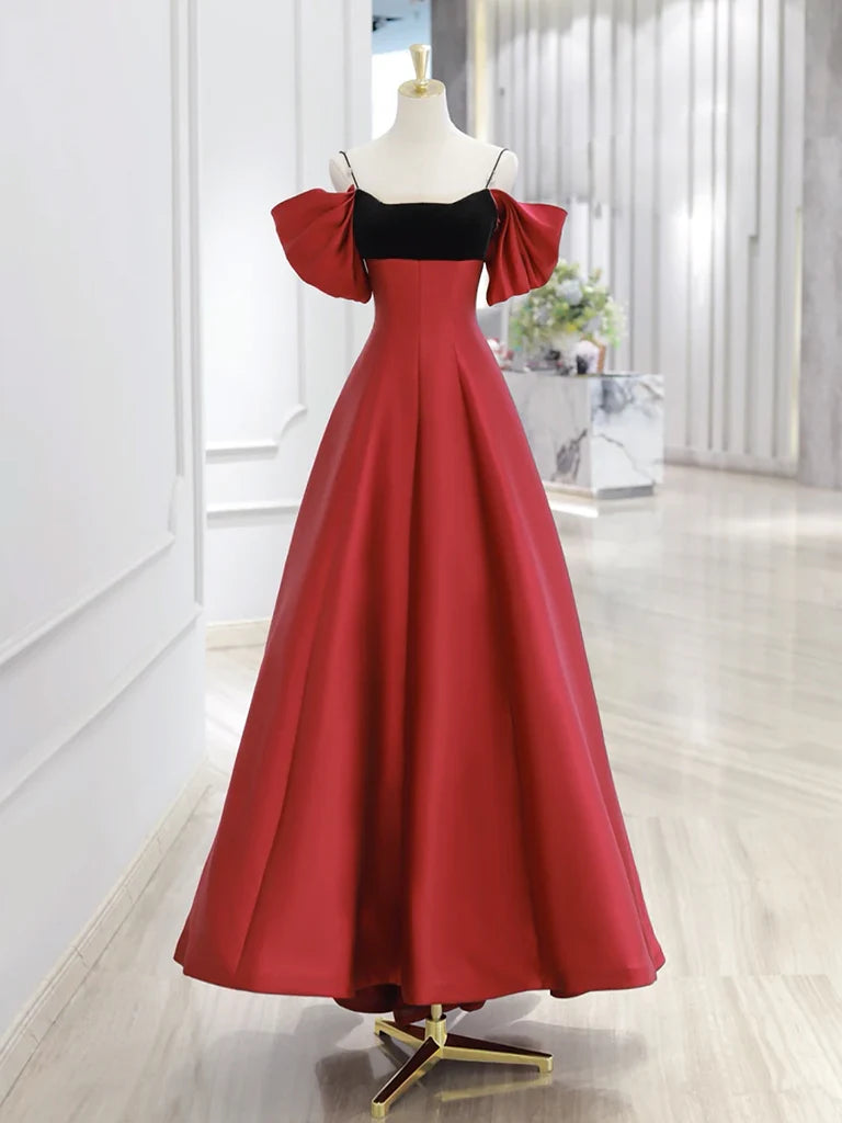 Buyishang A-Line Off Shoulder Satin Dark Red Long Prom Dress Red Long Formal Dress