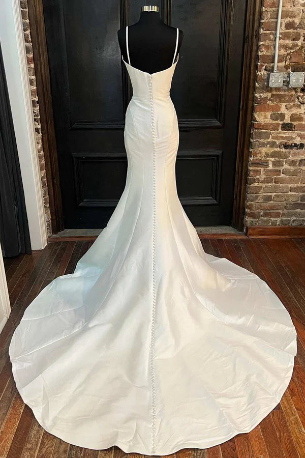 Buyishang Mermaid White Spaghetti Straps Long Lace Wedding Dress