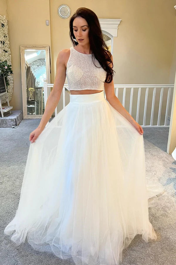 Buyishang A-Line Two-Piece White Beaded A-Line Long Wedding Dress