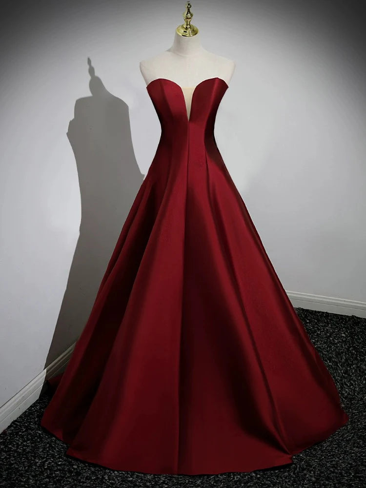 Buyishang A-Line Puff Sleeves Satin Burgundy Long Prom Dress Burgundy Long Formal Dress