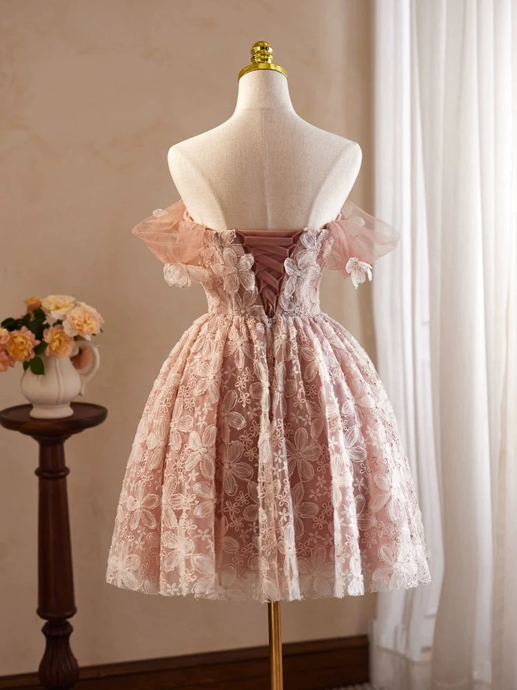 Buyishang A-Line Off Shoulder Tulle Lace Pink Short Prom Dress Pink Homecoming Dress