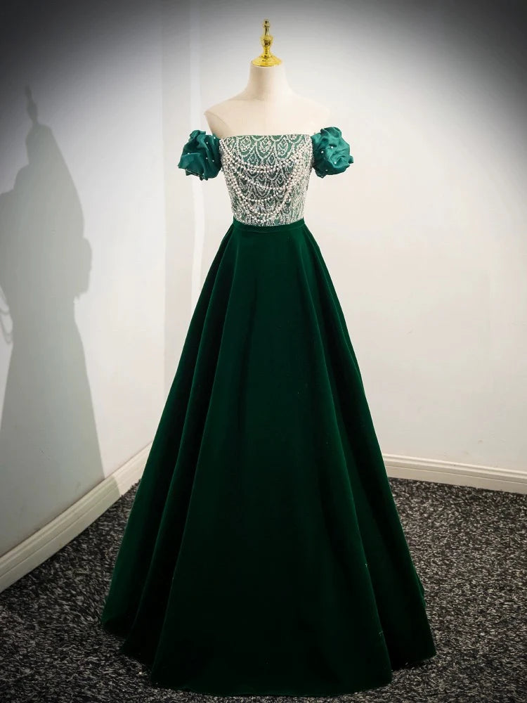 Buyishang A-Line Velvet Sequin Beads Green Long Prom Dress Velvet Green Long Formal Dress